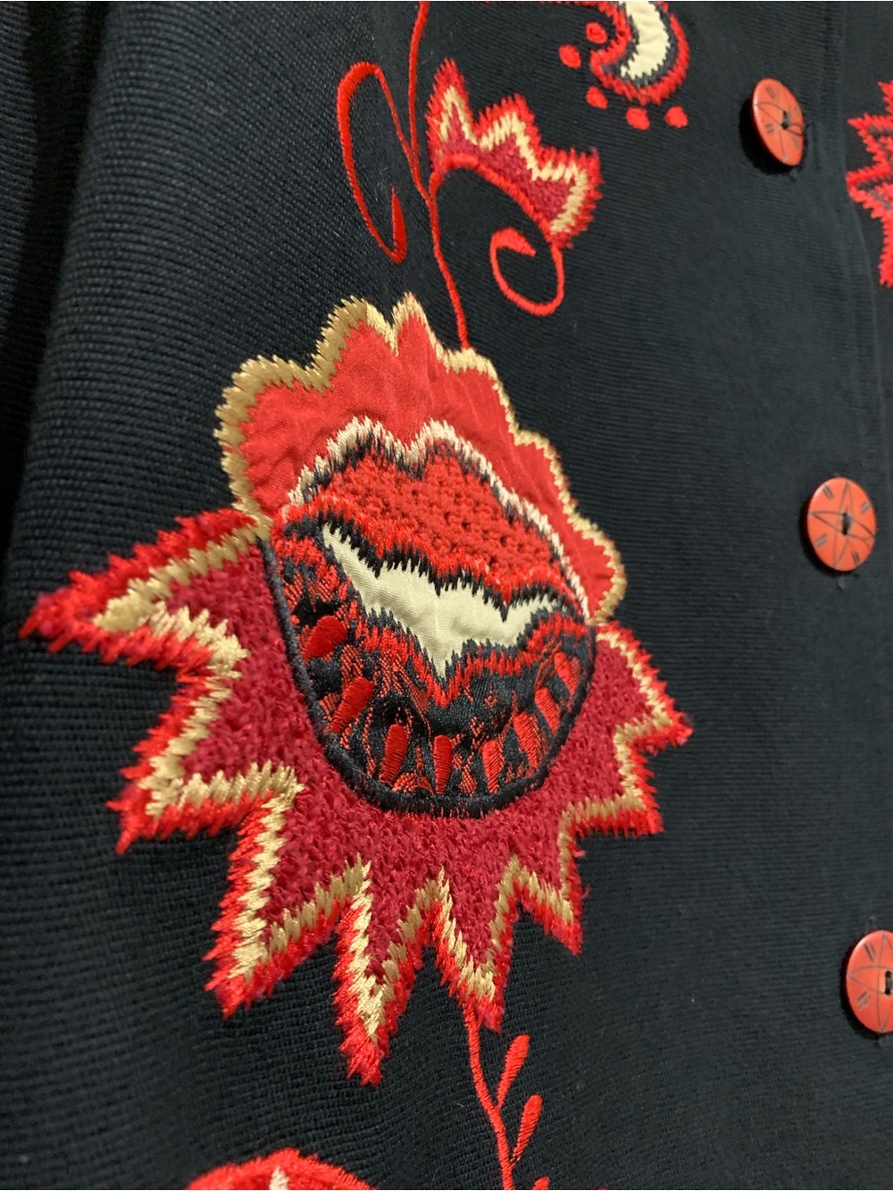 Indigo Moon Embroidered Folk Art Long Jacket Black Red Boho Statement Coat Large - Picture 7 of 8